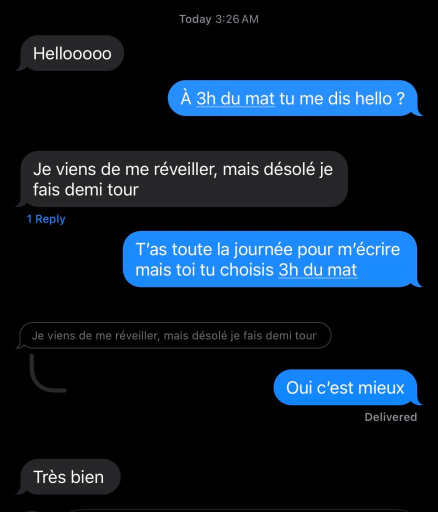Capture d'écran du SMS
- Hellooooo
- À 3h du mat tu me dis hello ?
- Je viens de me réveiller, mais désolé je fais demi tour
-T'as toute la journée pour m'écrire mais toi tu choisis 3h du mat